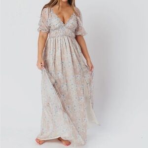 Worth Collective Daphne Maxi Dress in Beige Blue Floral